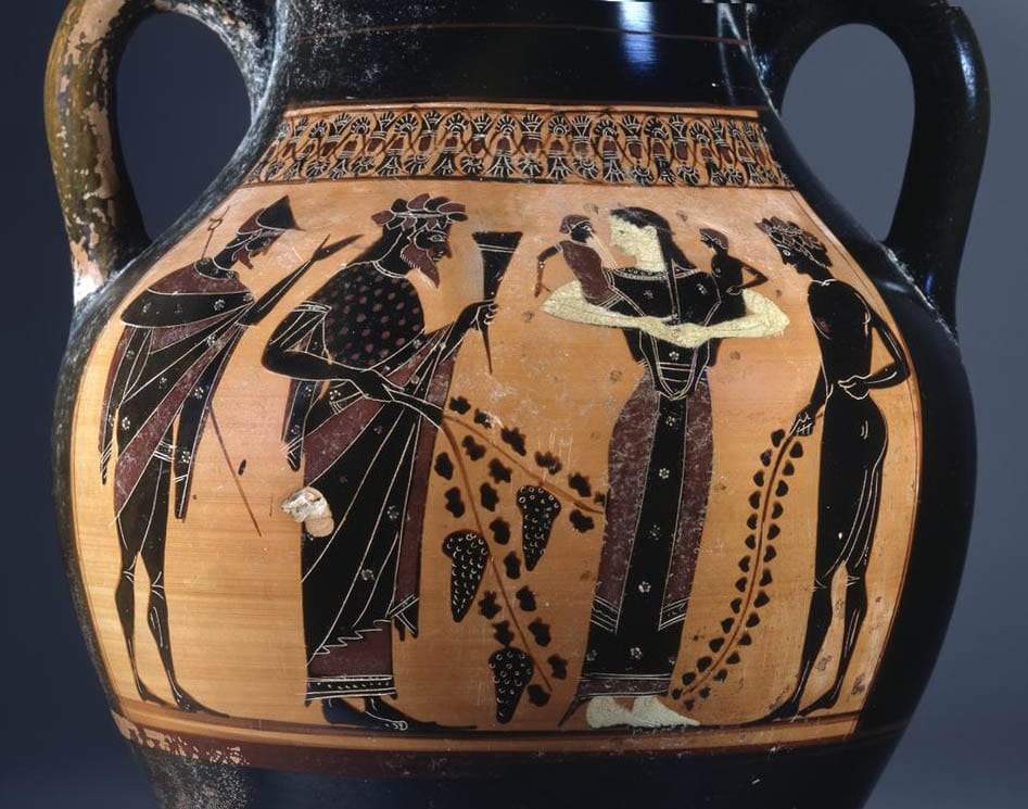 Amfora cu figuri negre care ii infatiseaza pe Leto si pe gemenii, Artemis si Apollo