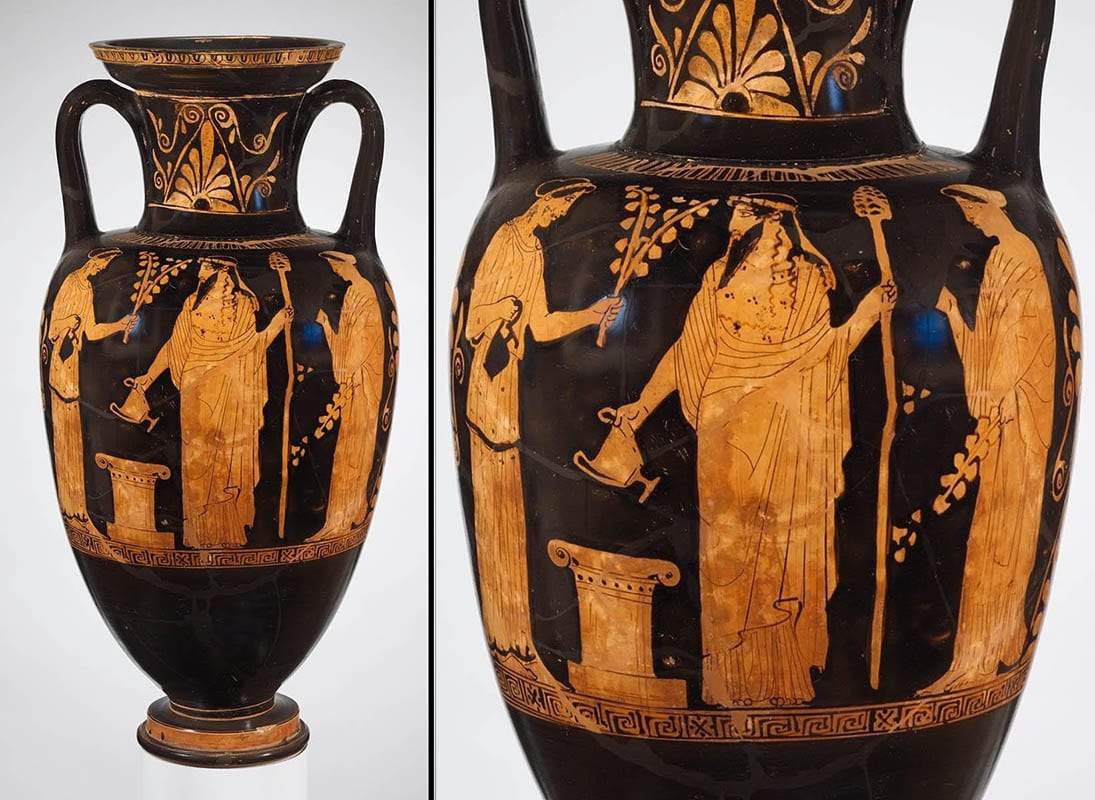 Amfora de gat cu figuri rosii infatisand pe Dionysos si menadele sale